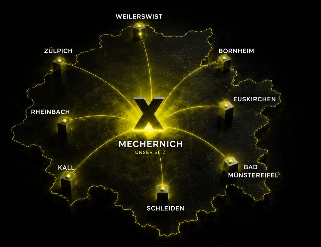 Karte des Einzugsgebiets von XBUN mit dem Sitz in Mechernich und Verbindungen nach Euskirchen, Zülpich, Rheinbach, Weilerswist, Bornheim, Bad Münstereifel, Schleiden und Kall